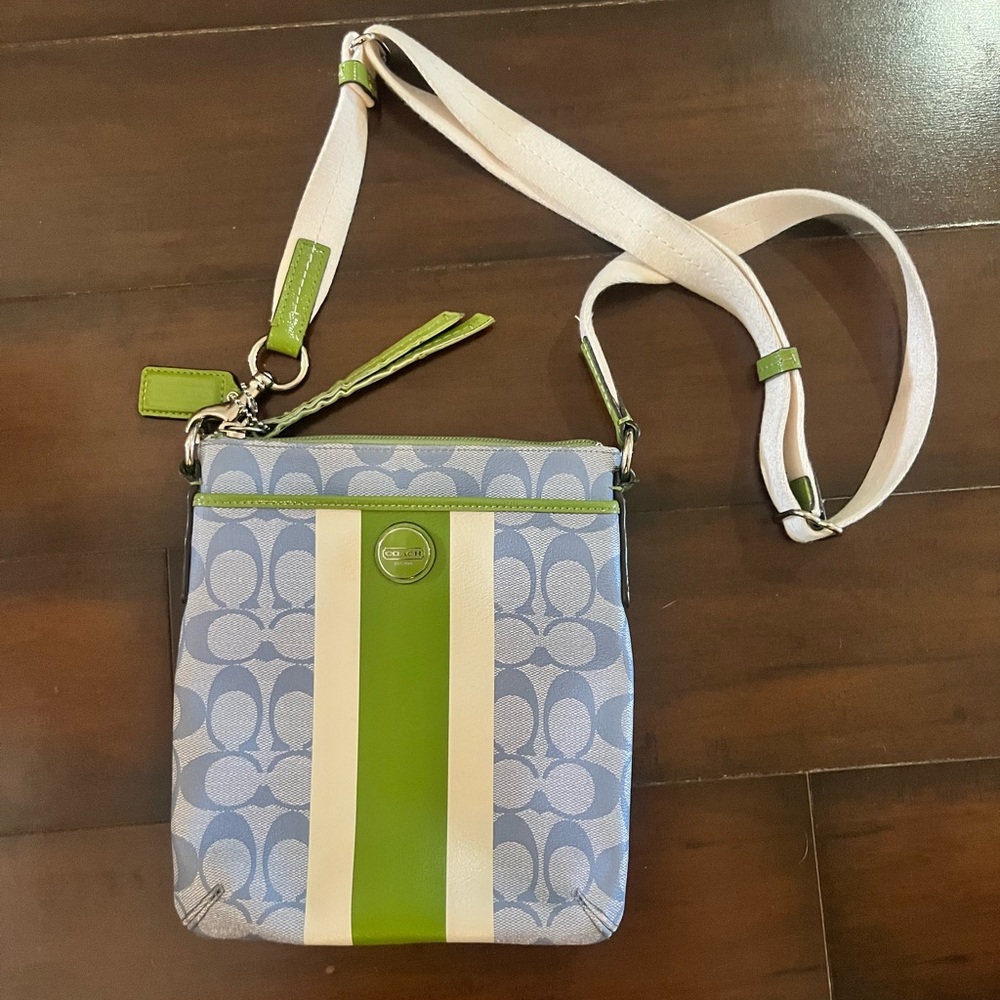 Coach Signature Stripe Swingpack Crossbody Bag in Blue with Green Stripe